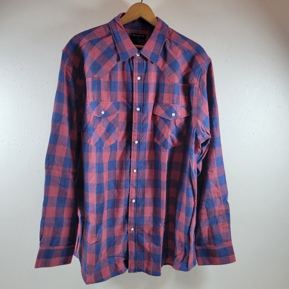 NWOT Pashartuk Western Shirt Mens XL Red Blue Excellent Buffalo Plaid Pearl Snap